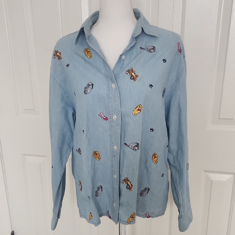 Vintage Disney Denim 100% Cotton Button Down Shirt L Winnie The Pooh Price Firm